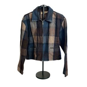 County Seat Blue Brown Plaid Wool Zip Jacket Vintage Outerwear Size L